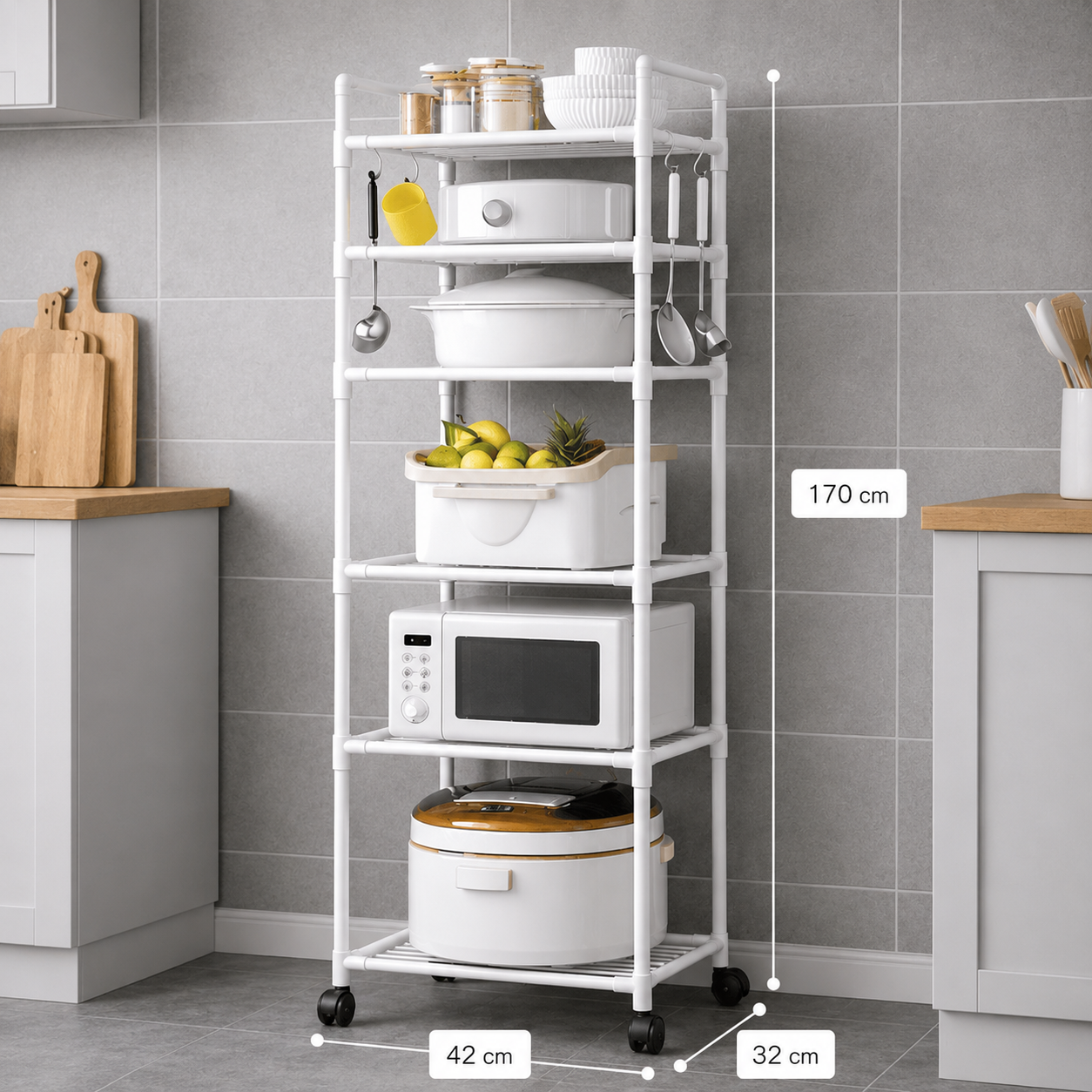 Rack Organizador de Cocina con Ruedas 170 cm en uso
